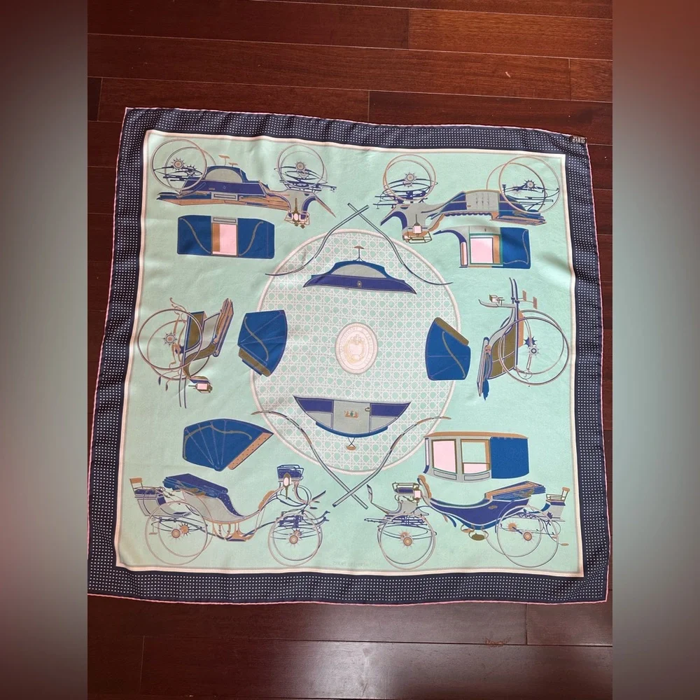 SOLD! Gorgeous Hermes La Perriere 100%Silk Scarf 90x90 Light Blue Colors - Picture 9 of 14